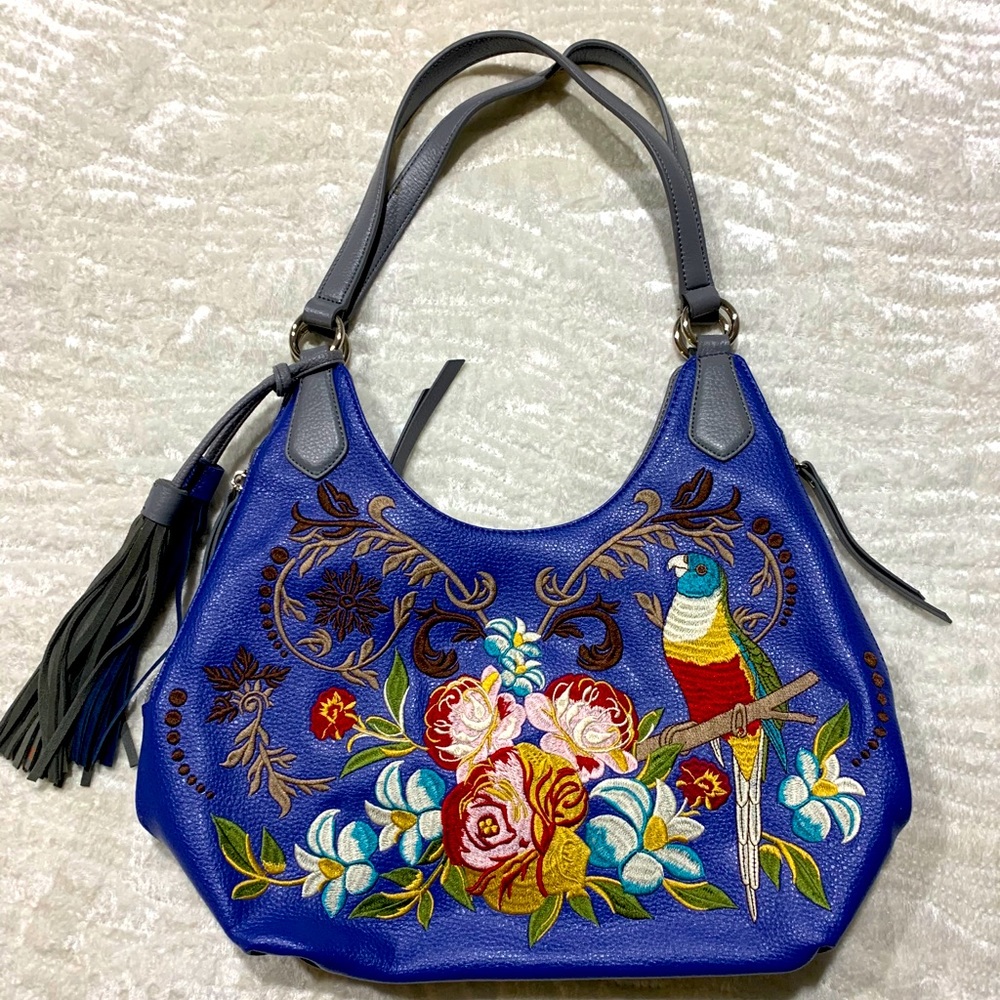 Sharif Blue floral and parrot leather purse
